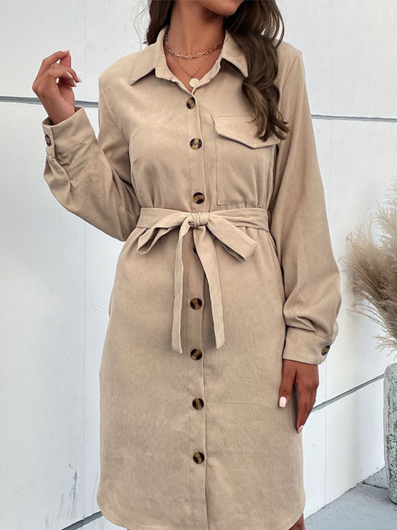Button-Front Tie Waist Shirt Dress