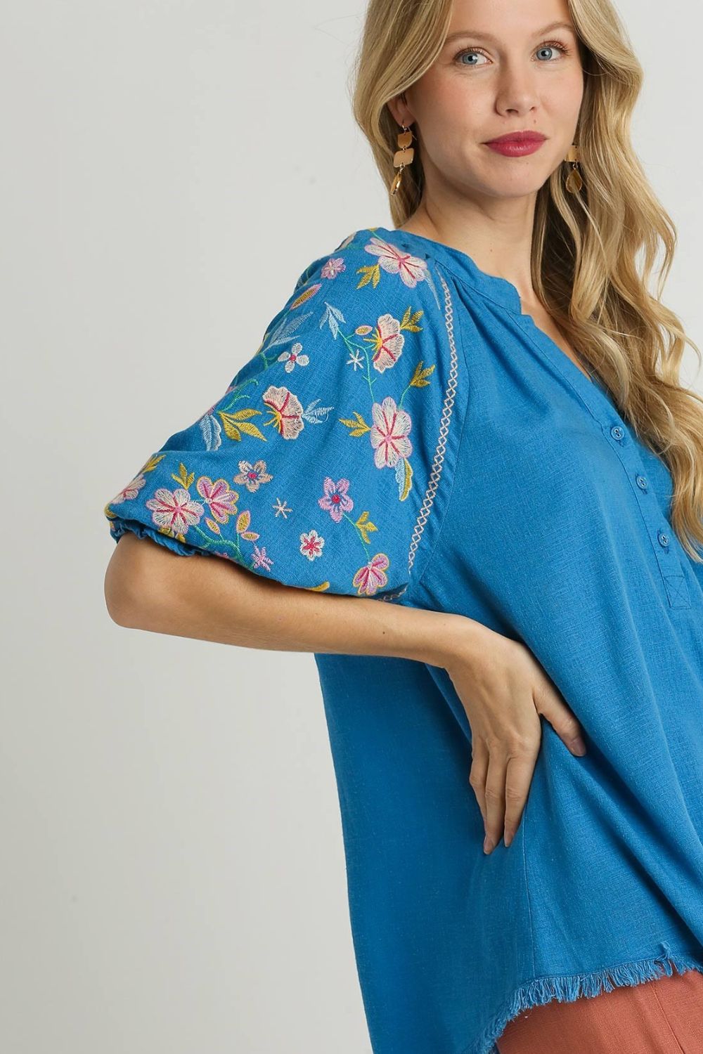 Umgee Full Size Half Button Top with Embroidery Sleeves Plus Size