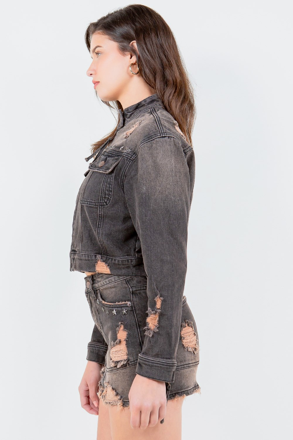 Full Size Distressed Star Stud Trim Denim Rider Jacket Plus Size