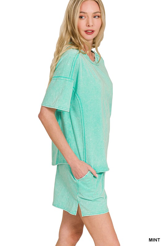 Acid Washed Short Sleeve Tee & Shorts Set