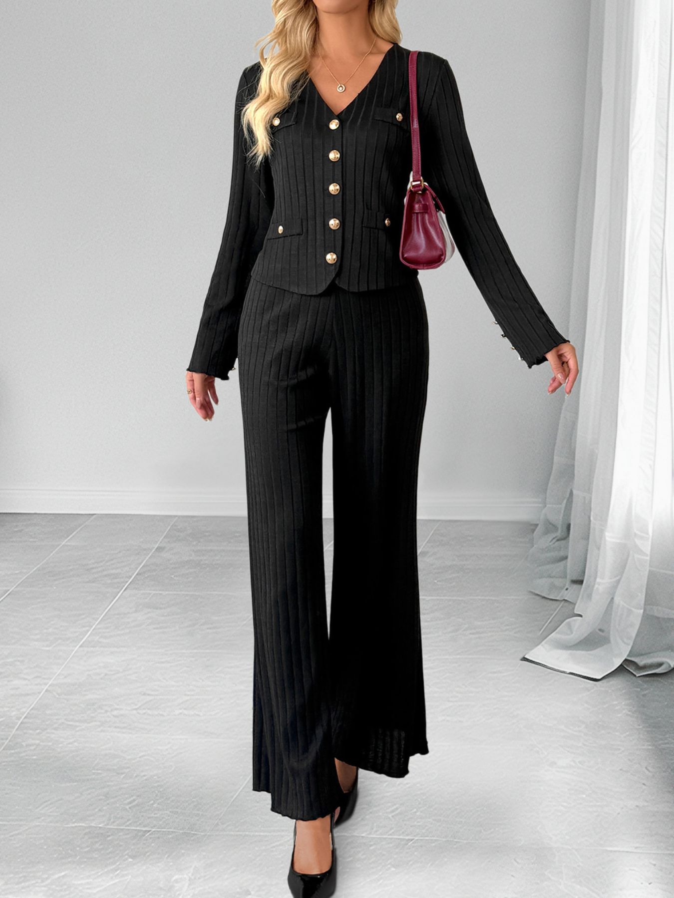 Ribbed Knit Cardigan & Wide Leg Pants Set