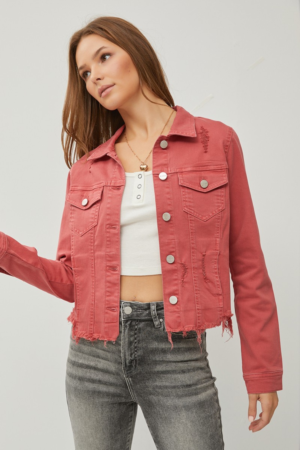 Full Size Raw Hem Button Up Cropped Denim Jacket Plus Size