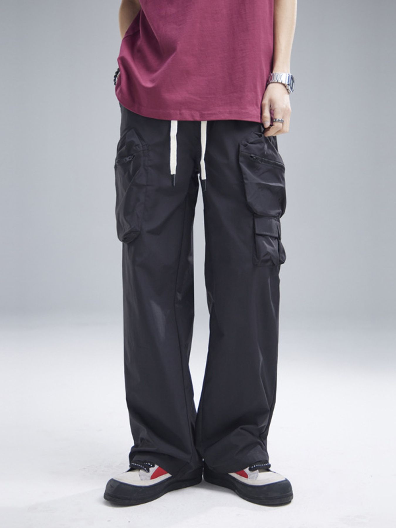 Men's Multi-Pocket Cargo Wide Leg Pants with Drawstring Waist