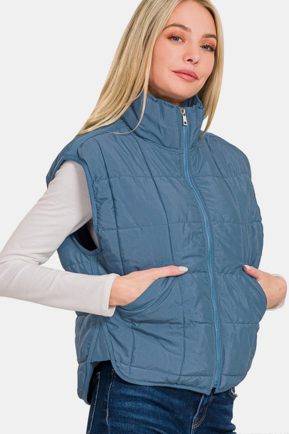 Zip Up Cropped Puffer Vest with Pockets