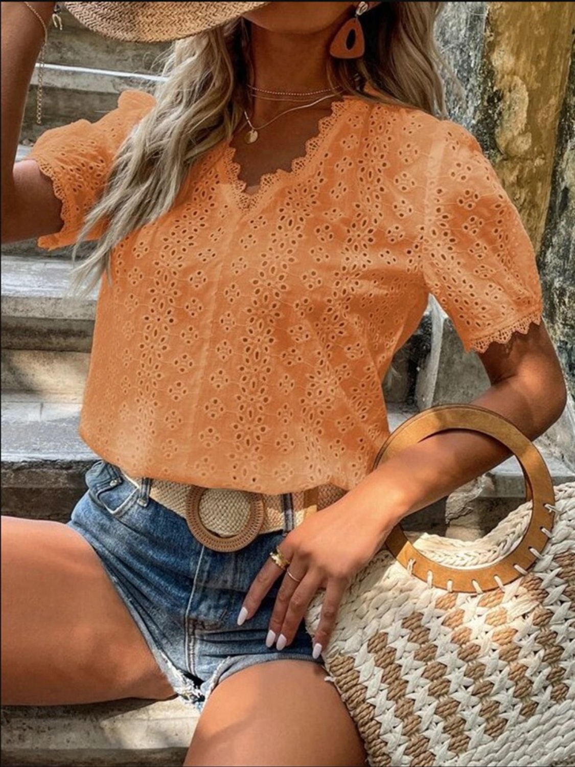Full Size Lace Detail Eyelet V-Neck Short Sleeve Blouse Plus Size