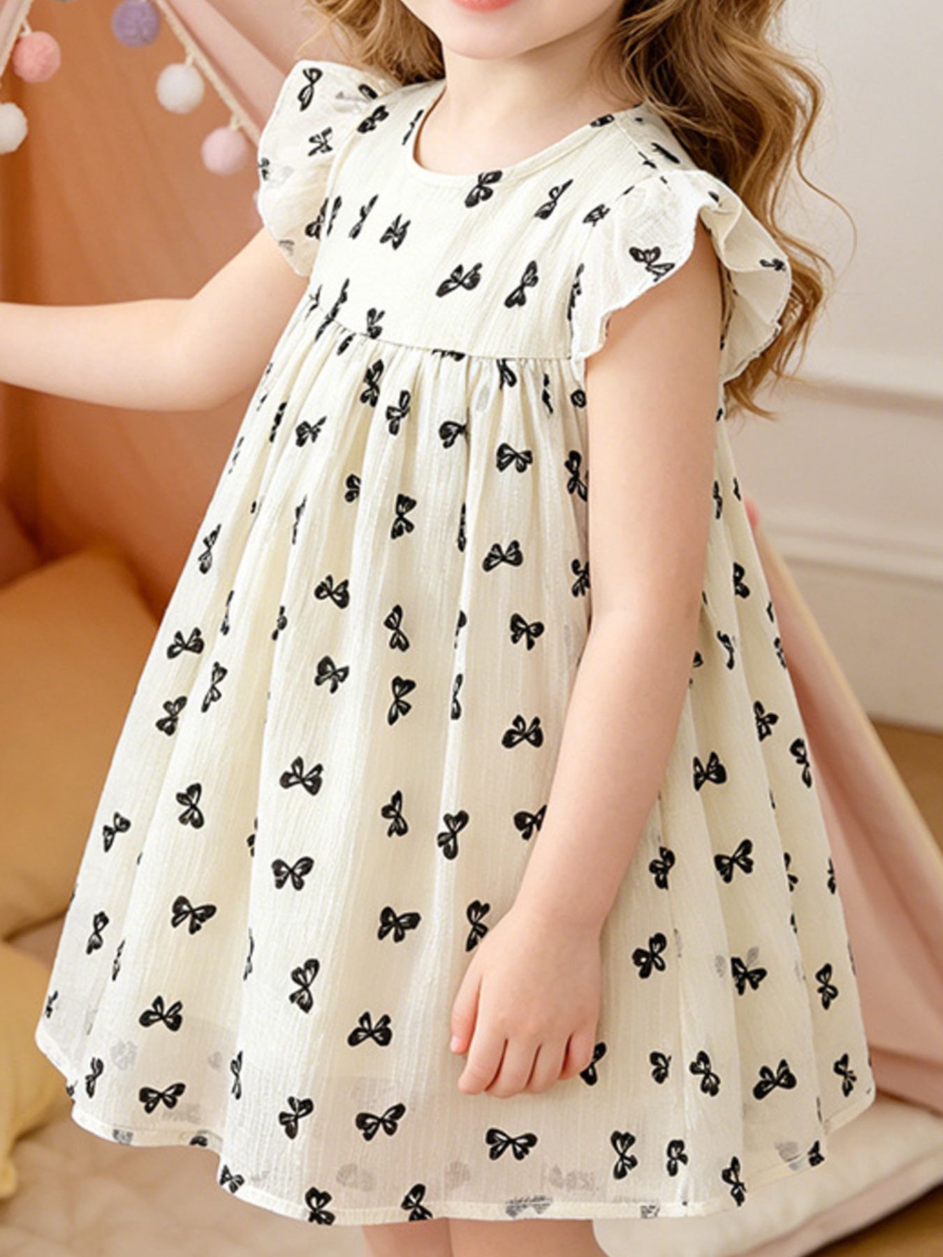 Children's Bow Print Flutter Sleeve Dress 1