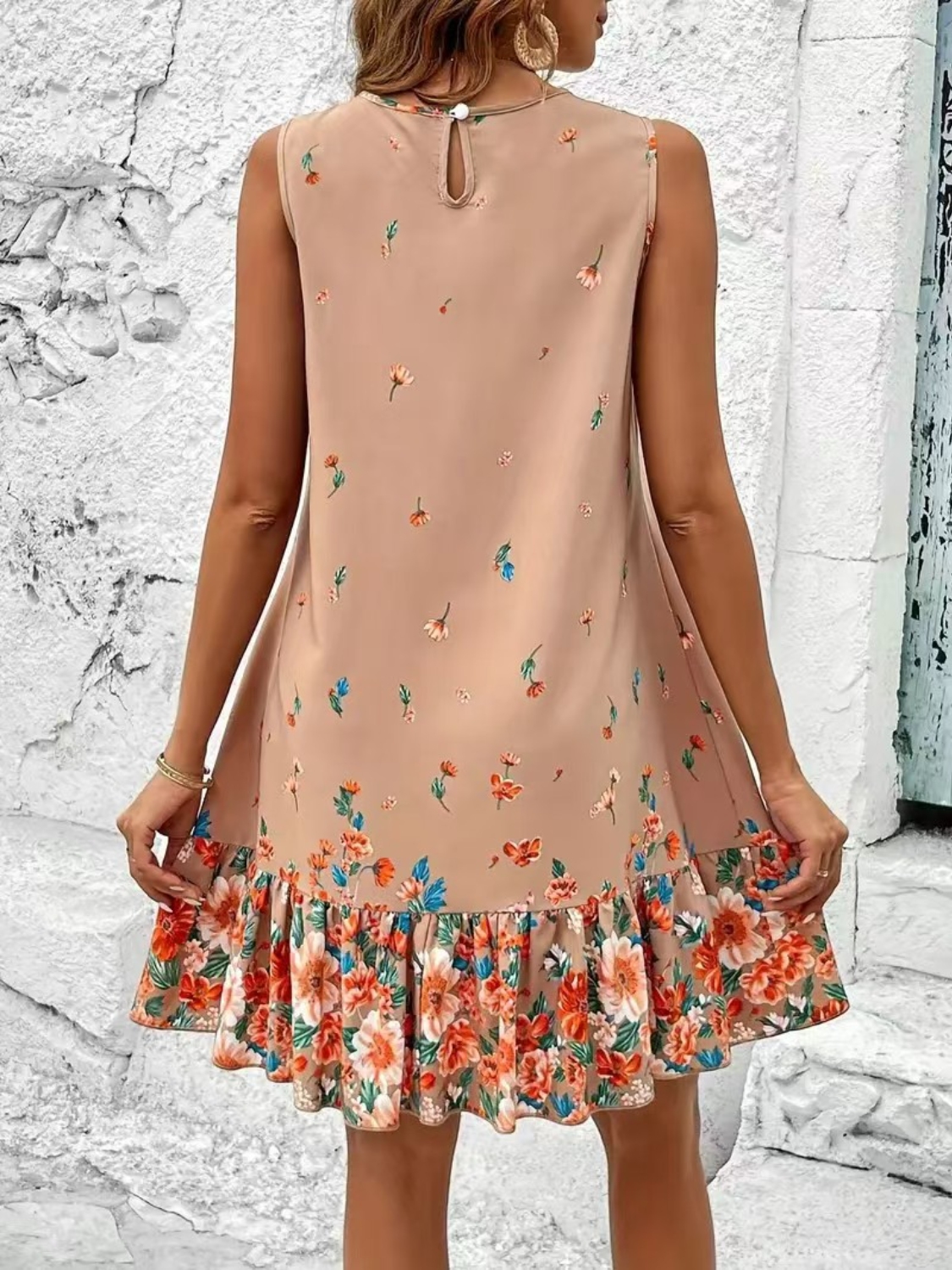 Ruffled Hem Floral Sleeveless Mini Tank Dress