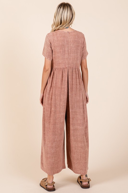 Mineral Wash Short Sleeve Flowy Wide Leg Jumpsuit