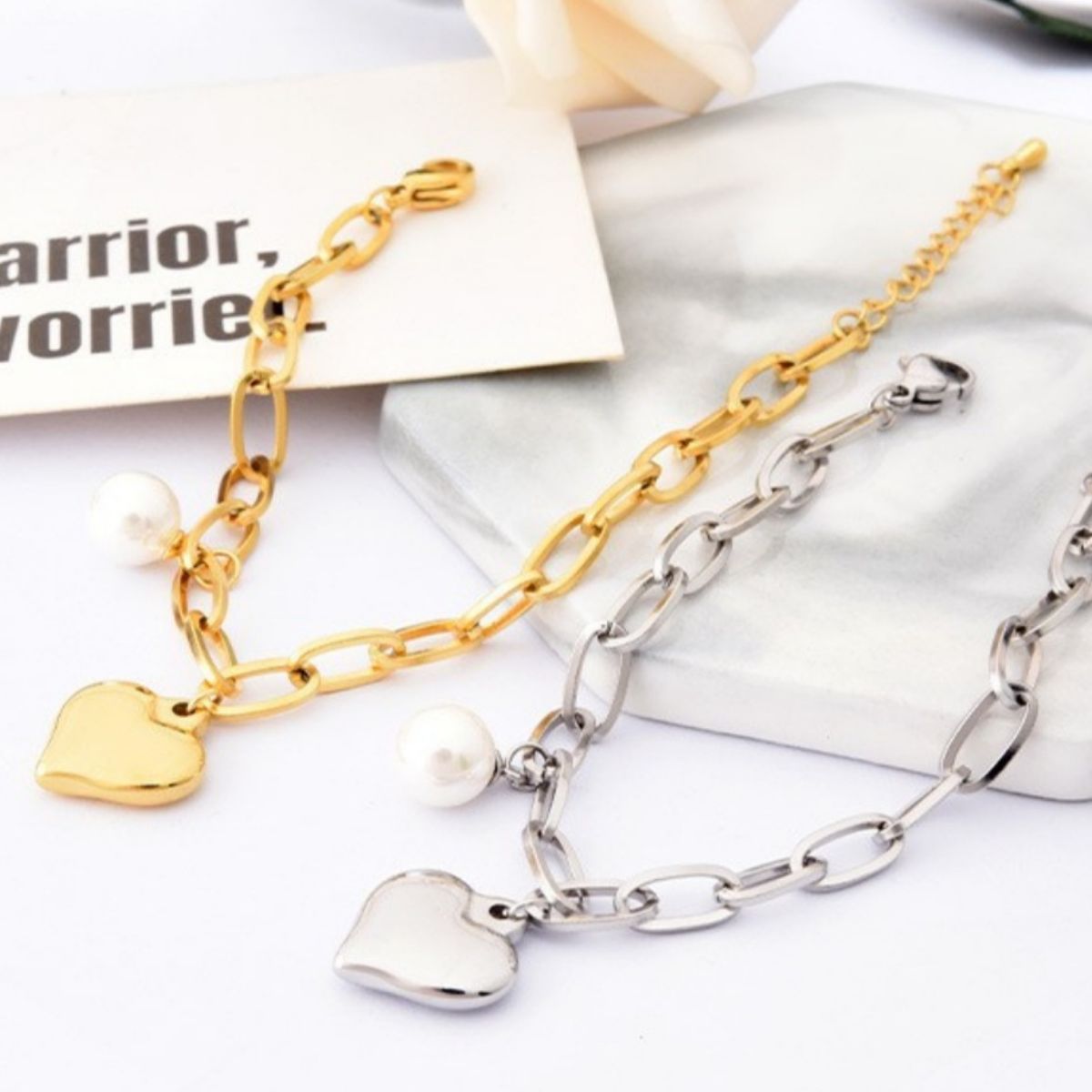 Heart Charm Pearl Accent Chain Bracelet