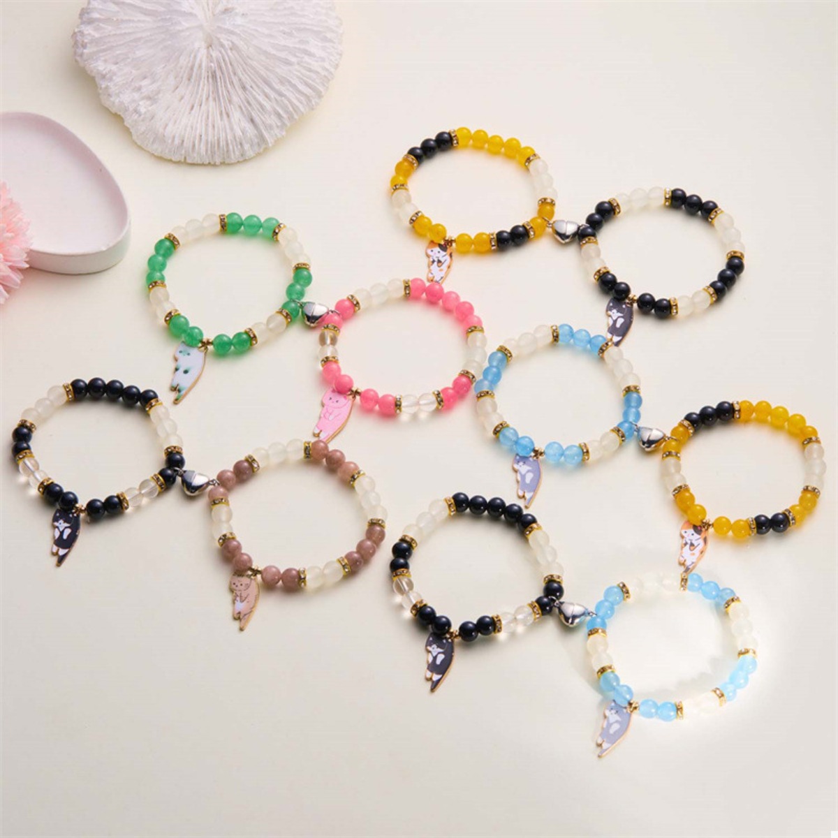 2 Piece Beaded Cat Charm Bracelet