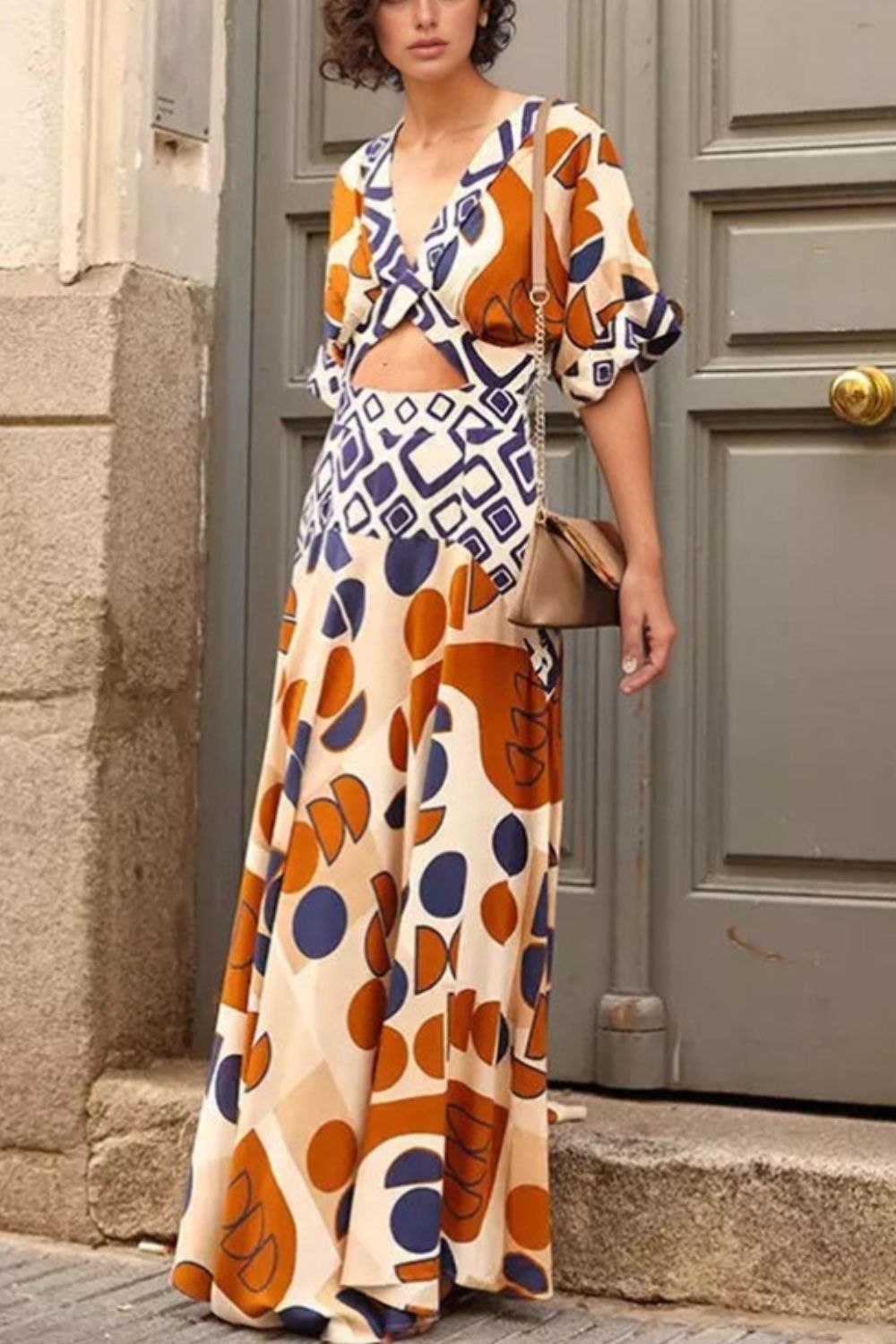Geometric Print V-Neck Maxi Dress with Cutout Detail