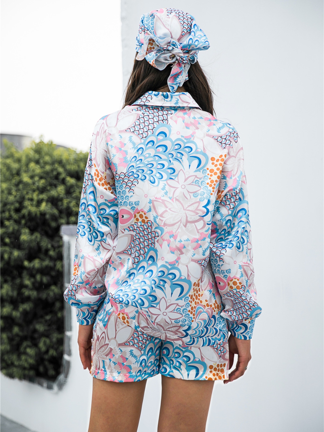 Printed Button Up Long Sleeve Shirt and Shorts Set