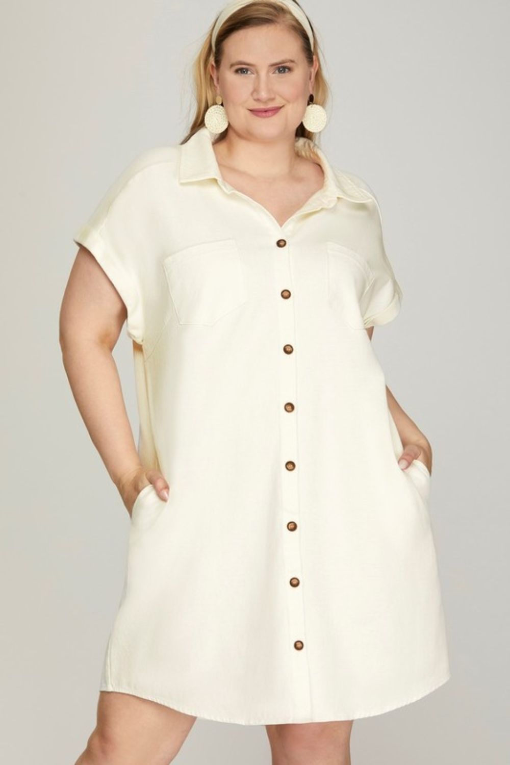 Full Size Folded Cuff Button Down Washed Twill Shirt Dress Plus Size