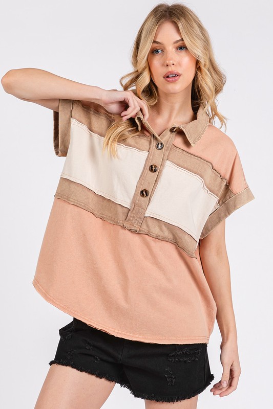 Mineral Washed Half Button Polo Top