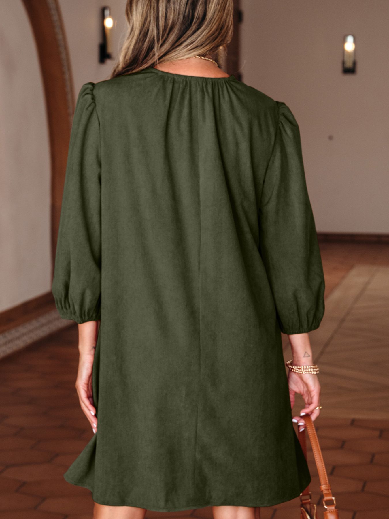 Bracelet Sleeve Split Neck Scallop Detail Pleated Corduroy Mini Dress