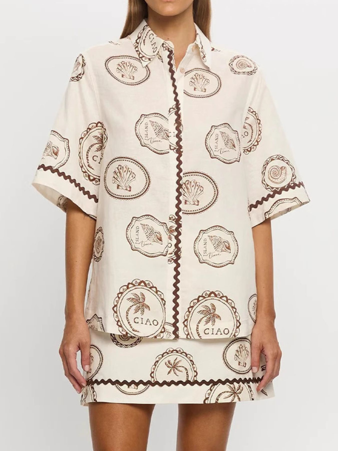 Printed Button Up Shirt and Skirt Set