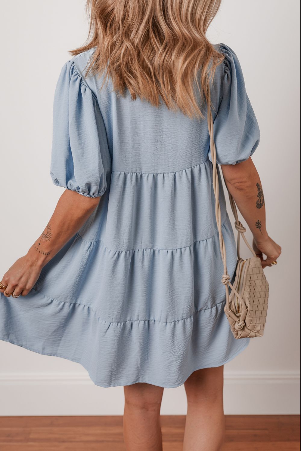 Button Up Puff Sleeve Tiered Shirt Dress