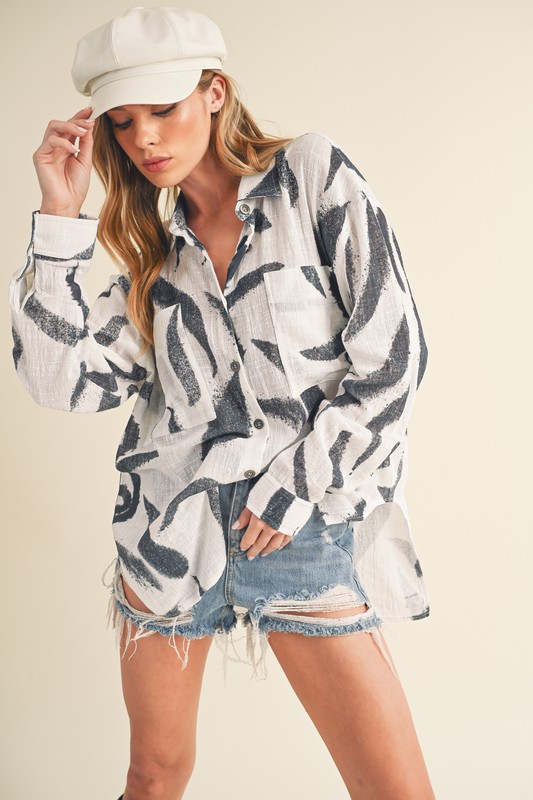 High-Low Printed Button Up Long Sleeve Shirt