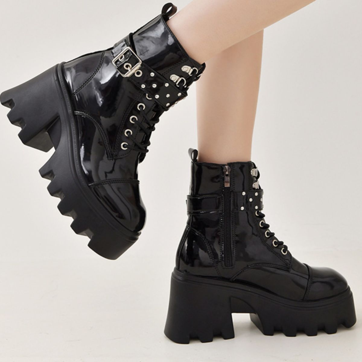 Platform Ankle Boots with Buckle and Studded Detail