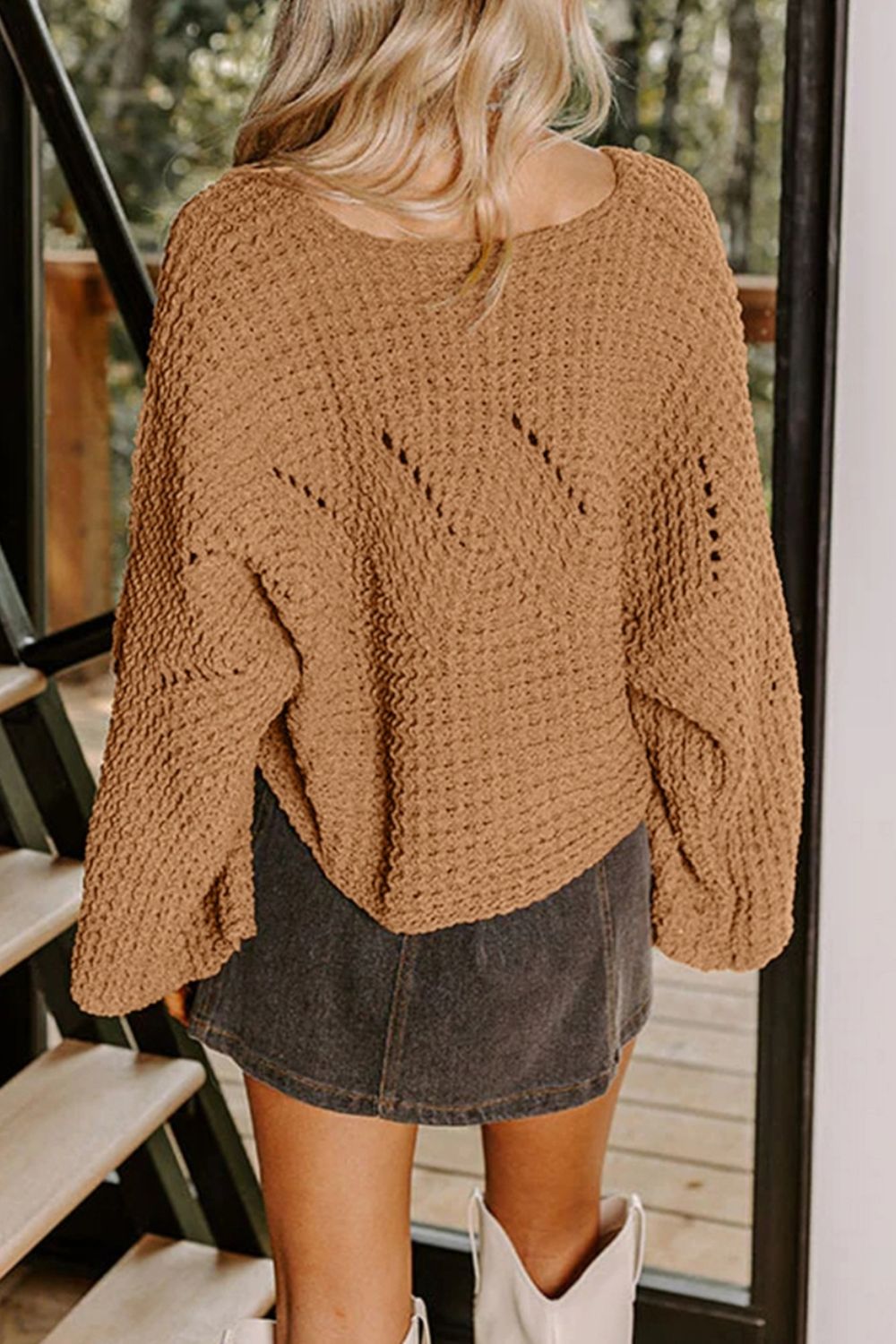 Hollowed Detail Wide Sleeve Loose Pullover Sweater