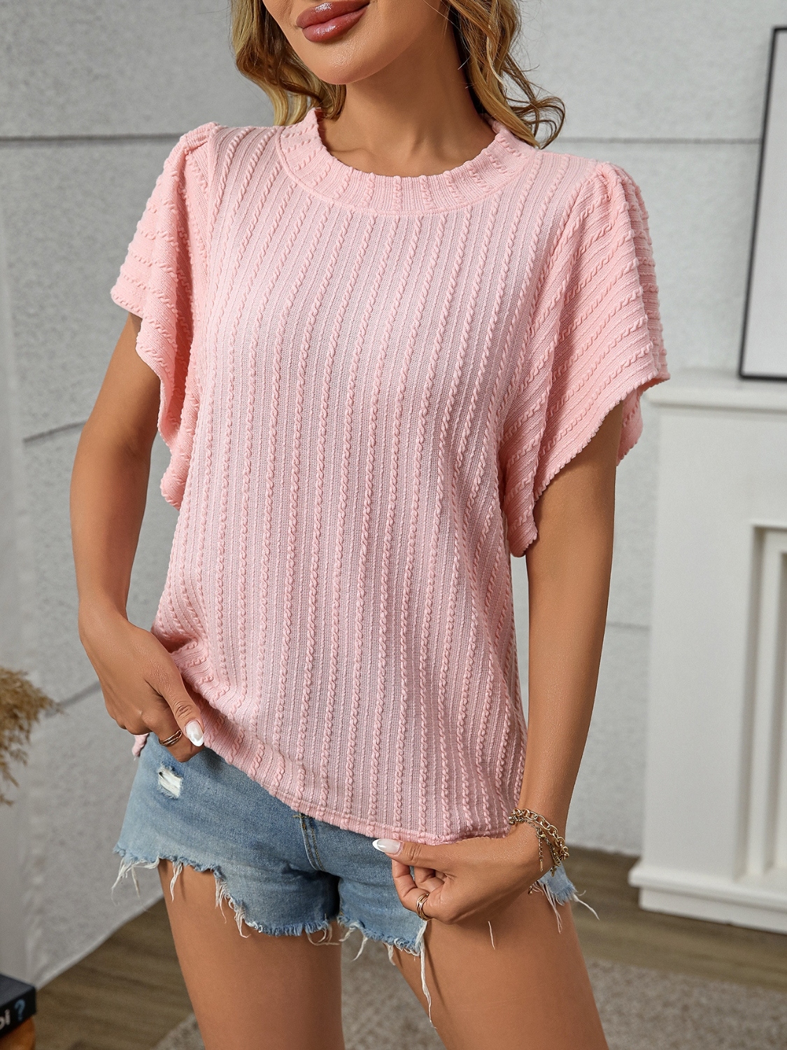 Textured Round Neck Short Sleeve Top