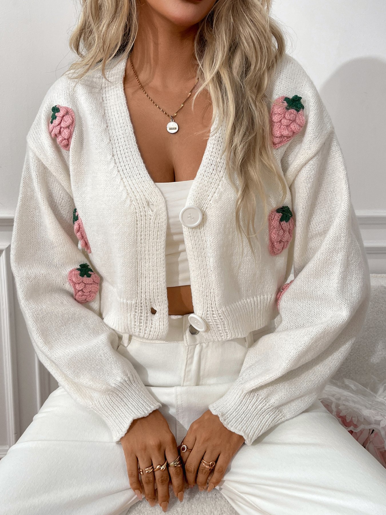 Strawberry Cropped Button-Up Cardigan