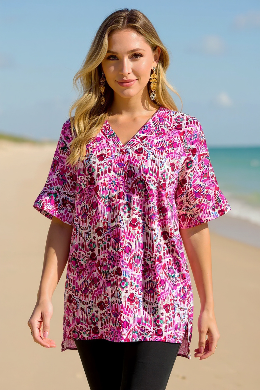 Double Take Full Size Printed V-Neck Short Sleeve Blouse 1