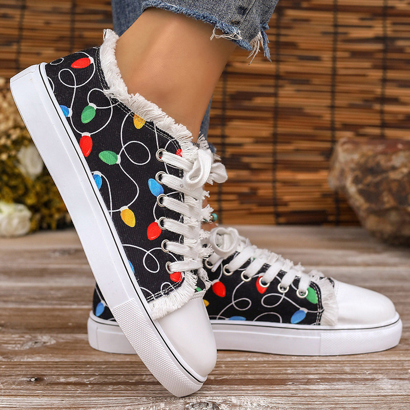 Raw Hem Printed Round Toe Sneakers