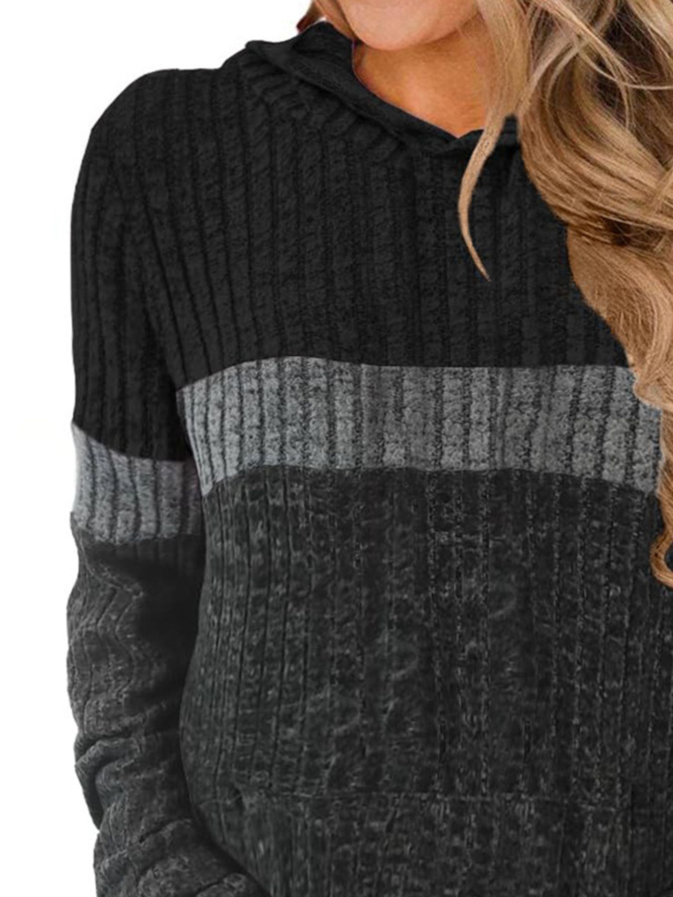 Full Size Color Block Ribbed Knit Hoodie Plus Size