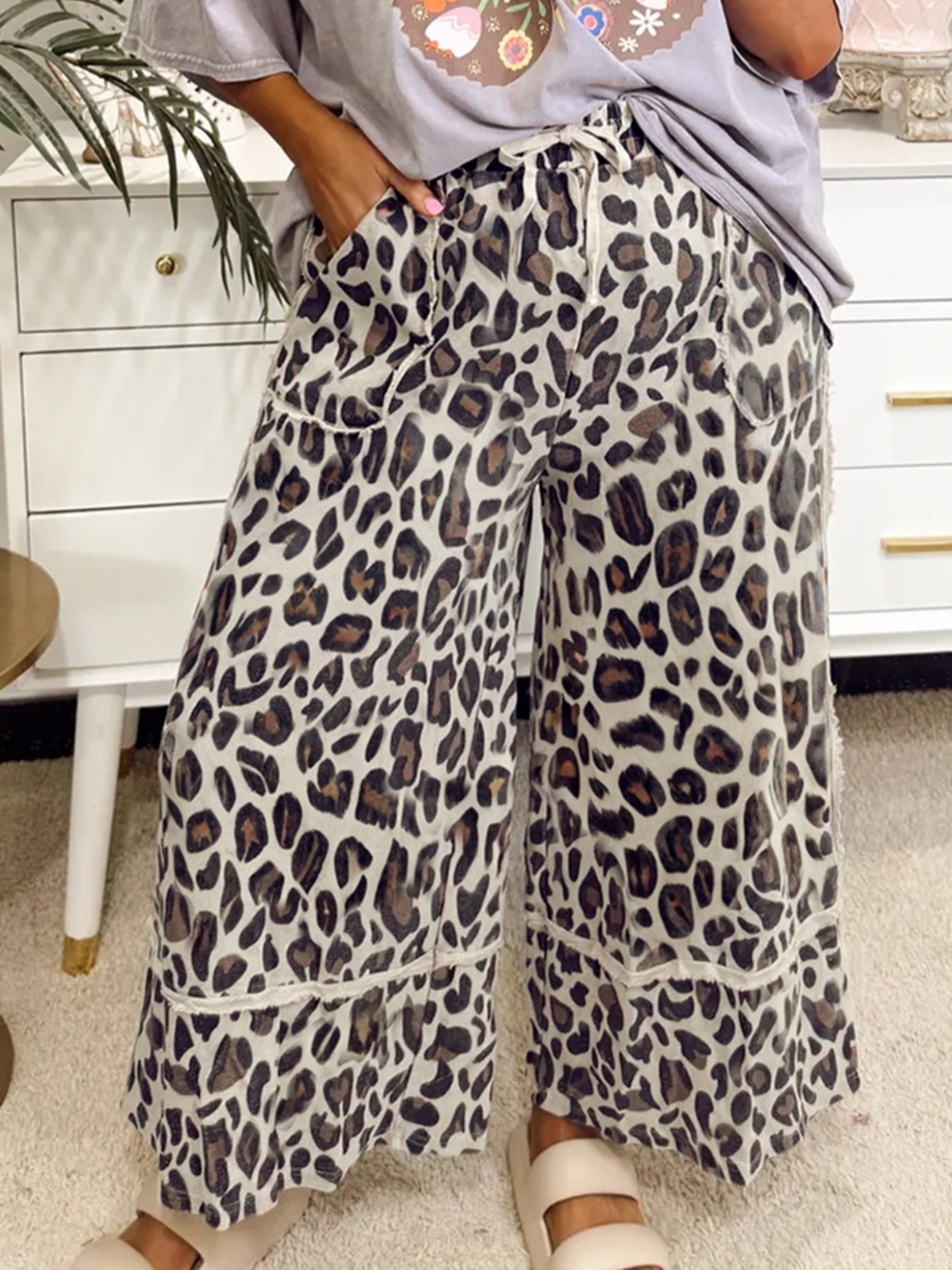 Leopard Print Wide Leg Drawstring Pants