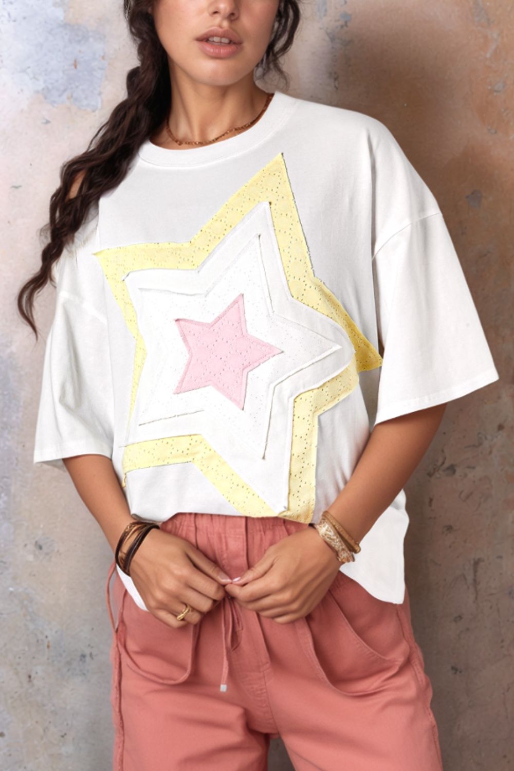 Star Layered Patched Graphic Drop Shoulder Half Sleeve Loose Tee