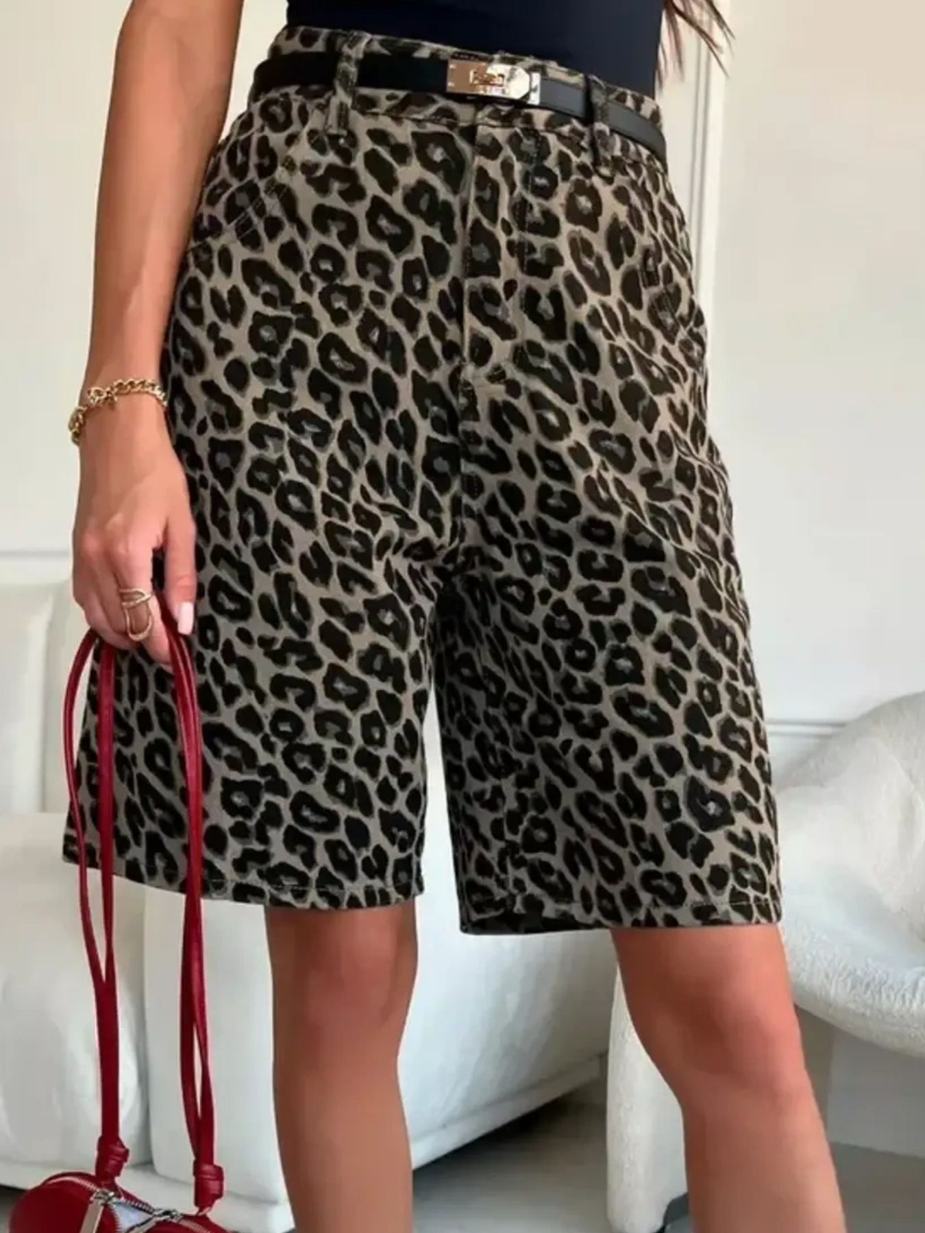 Leopard Print High-Waisted Casual Shorts