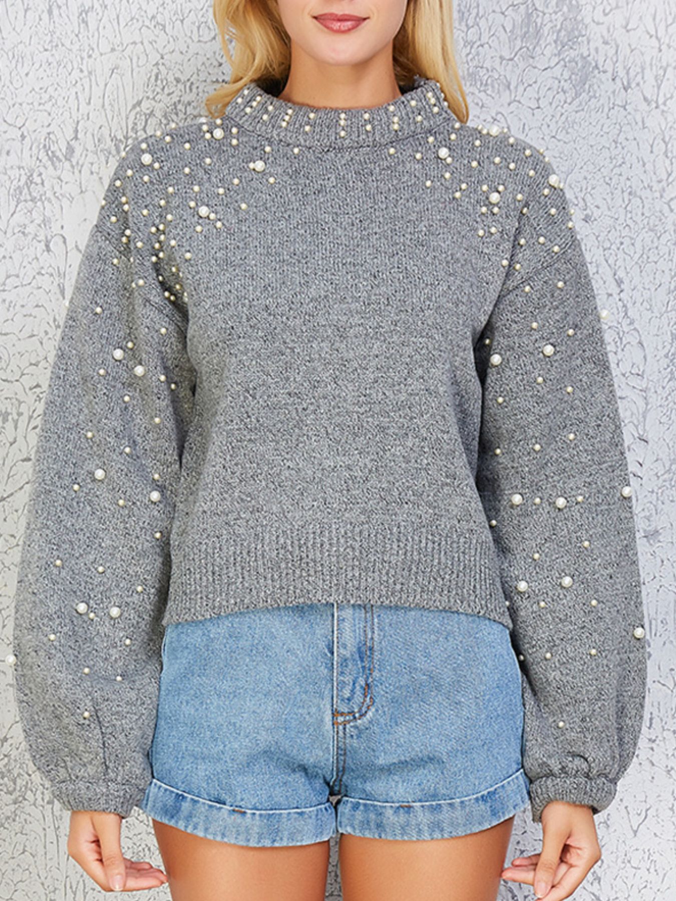 Pearl-Embellished Mock Neck Sweater