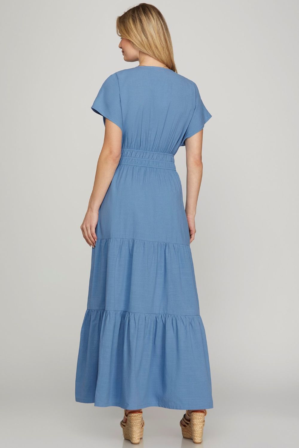 Surplice Short Sleeve Tiered Maxi Dress With Pockets