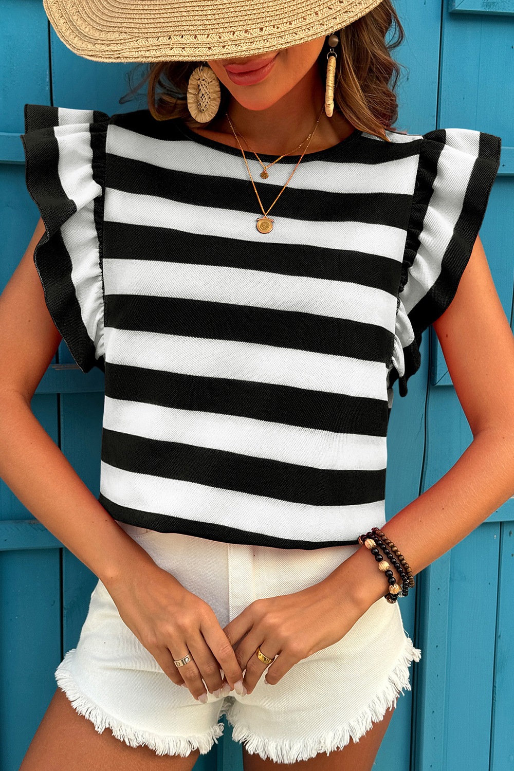 Ruffle Sleeve Striped T-Shirt