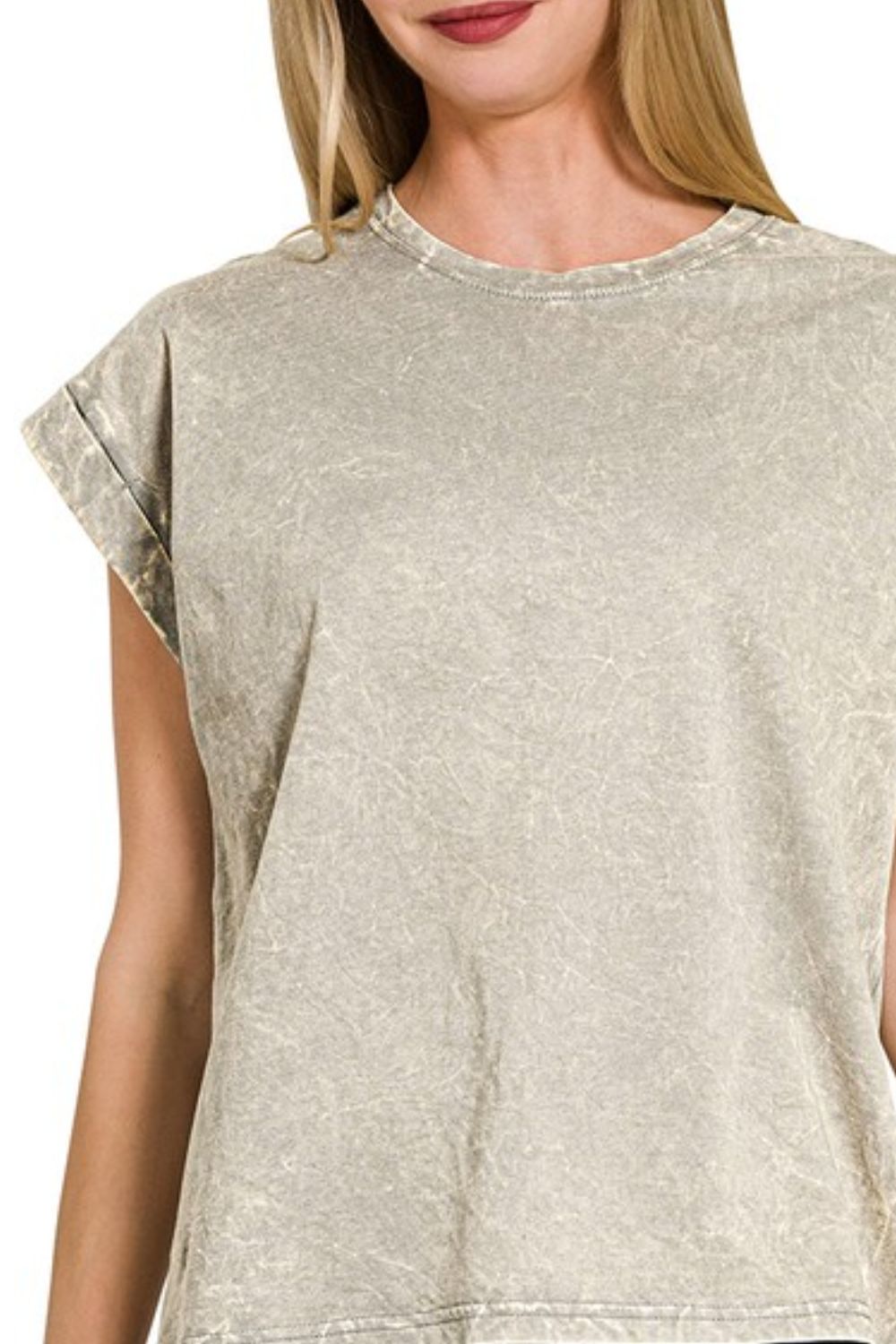 Crinkle Washed Round Neck Folded Short Sleeve Tee
