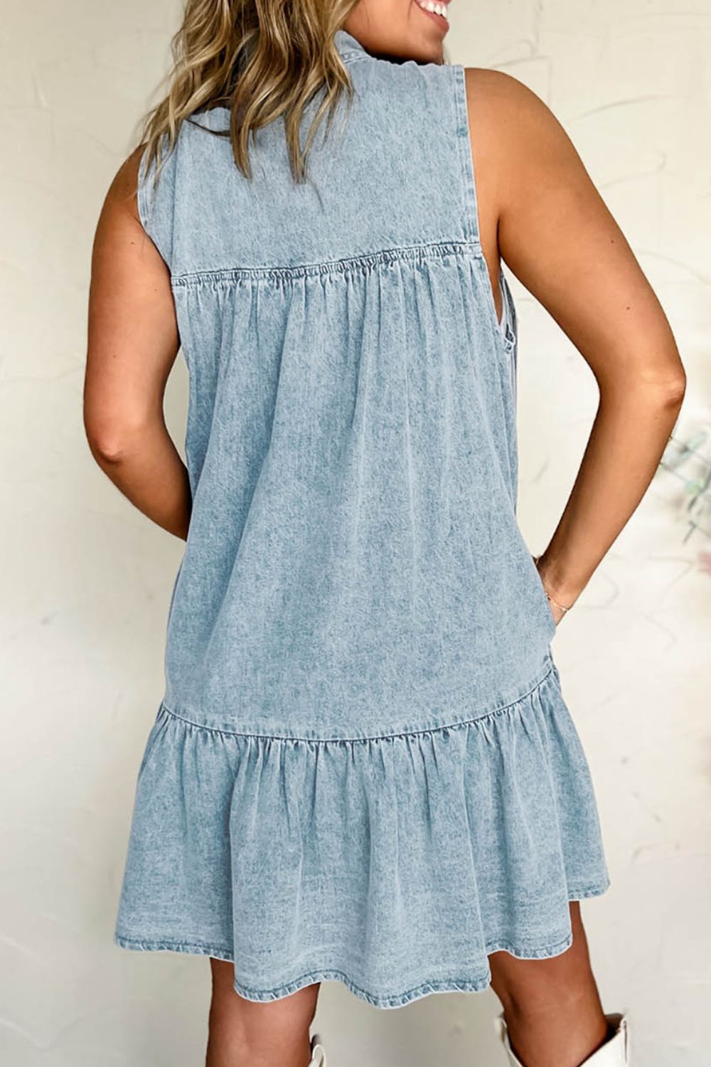 Tie Neck Sleeveless Denim Dress