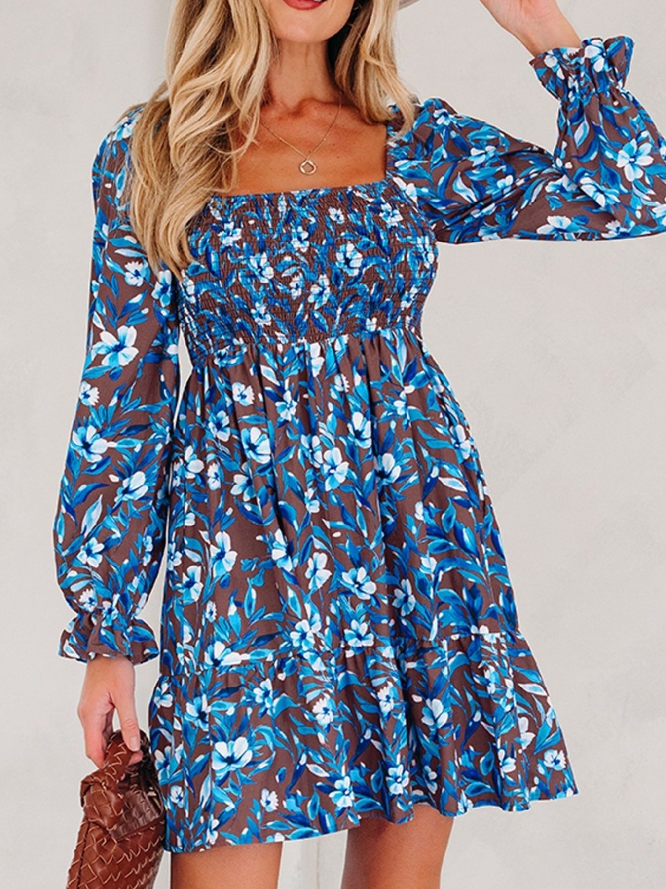 Smocked Bodice High Waist Ruffled Sleeve Floral Dress