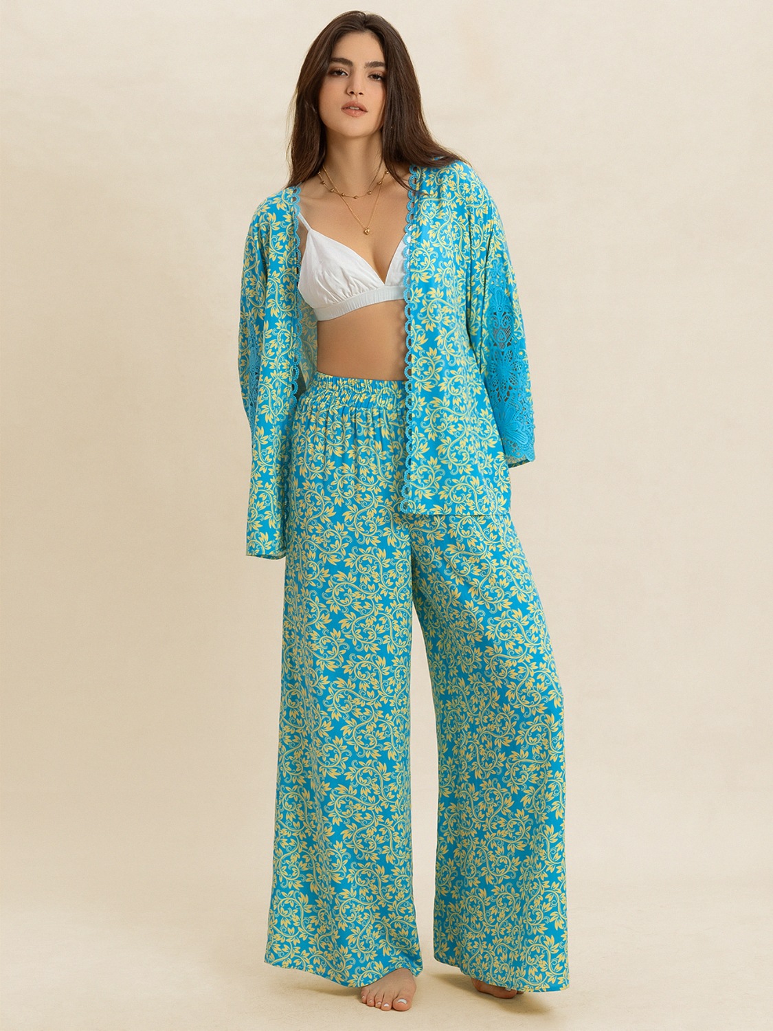 Open Front Printed Top and Pants Set