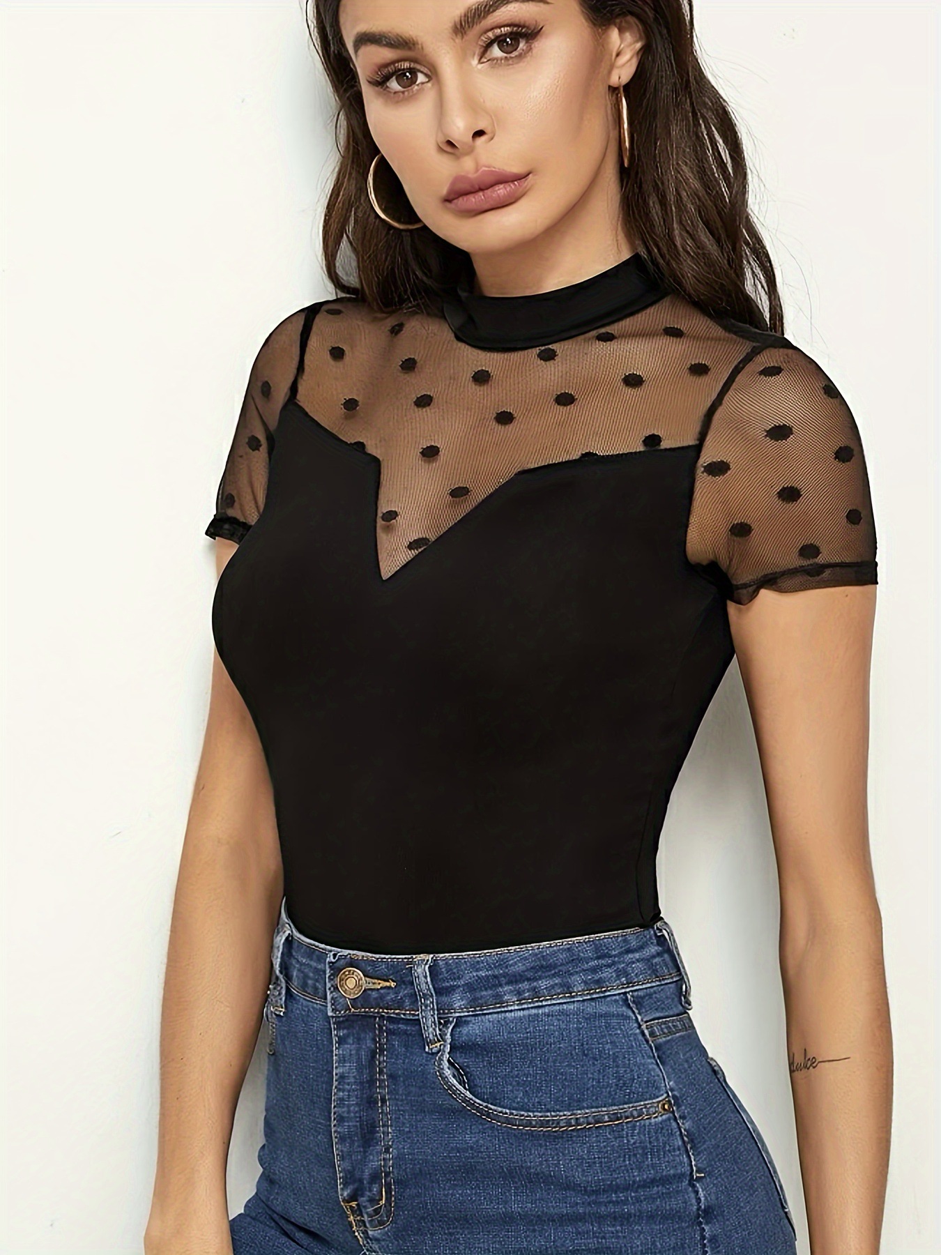 Mesh Polka Dot Mock Neck Top
