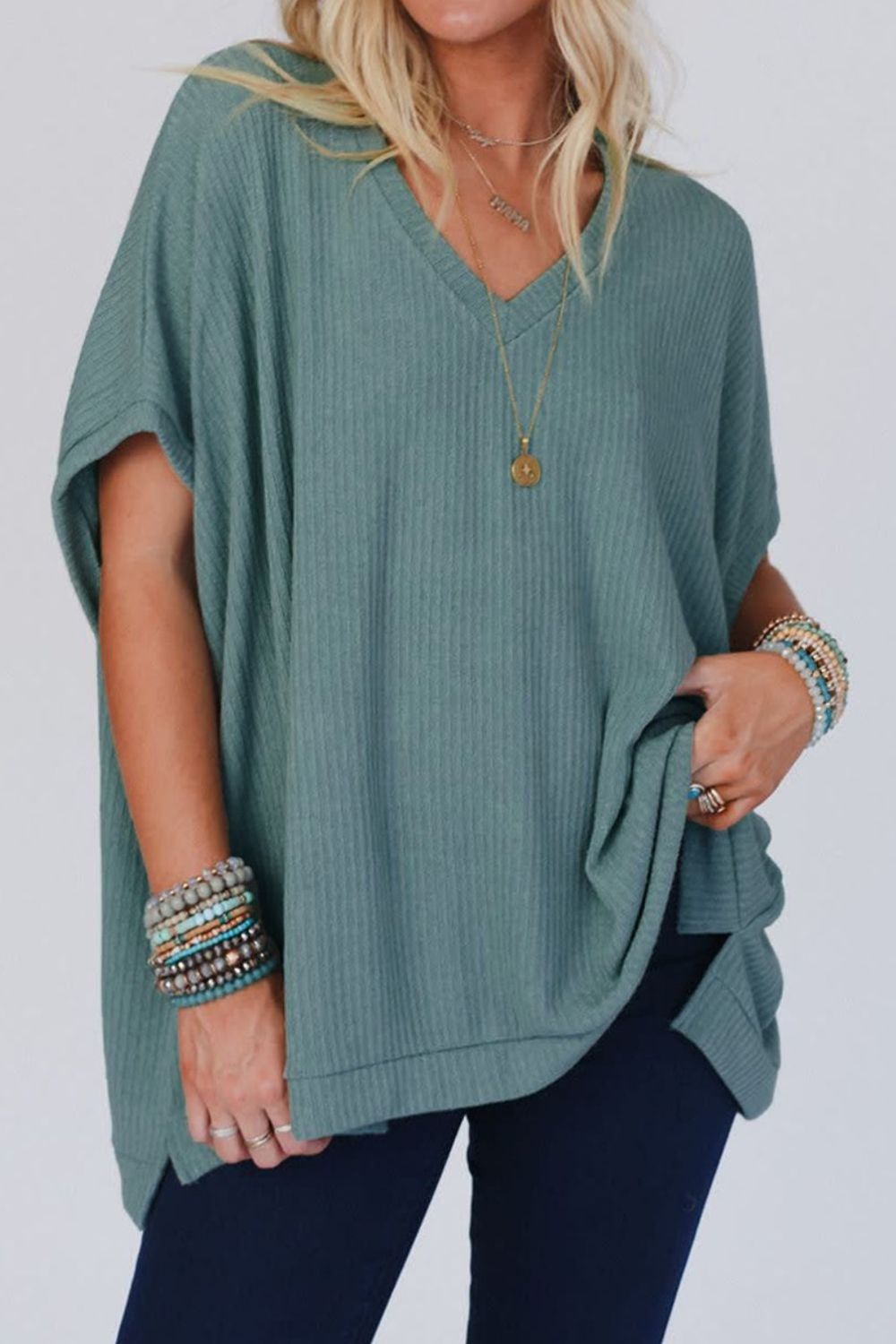 Oversized Ribbed Knit V Neck Dolman Short Sleeve Top