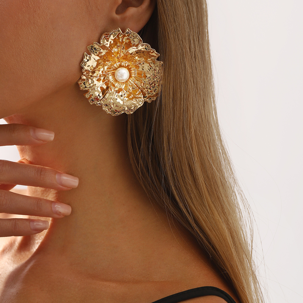 Gold Textured Flower Pearl Center Statement Earrings