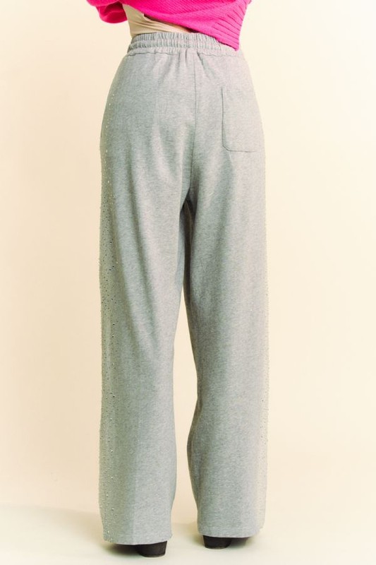 Rhinestone Elastic Waist Wide Leg Pants