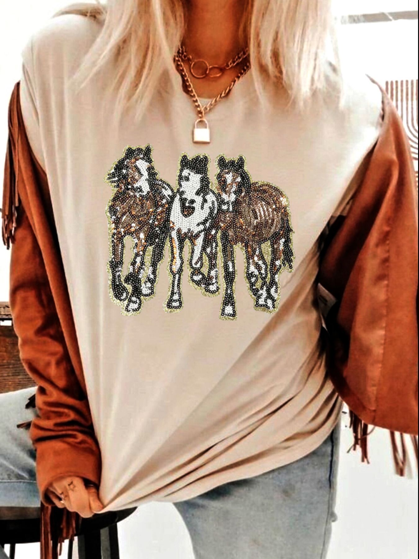 Sequin Horses Patched Casual Crewneck T Shirt
