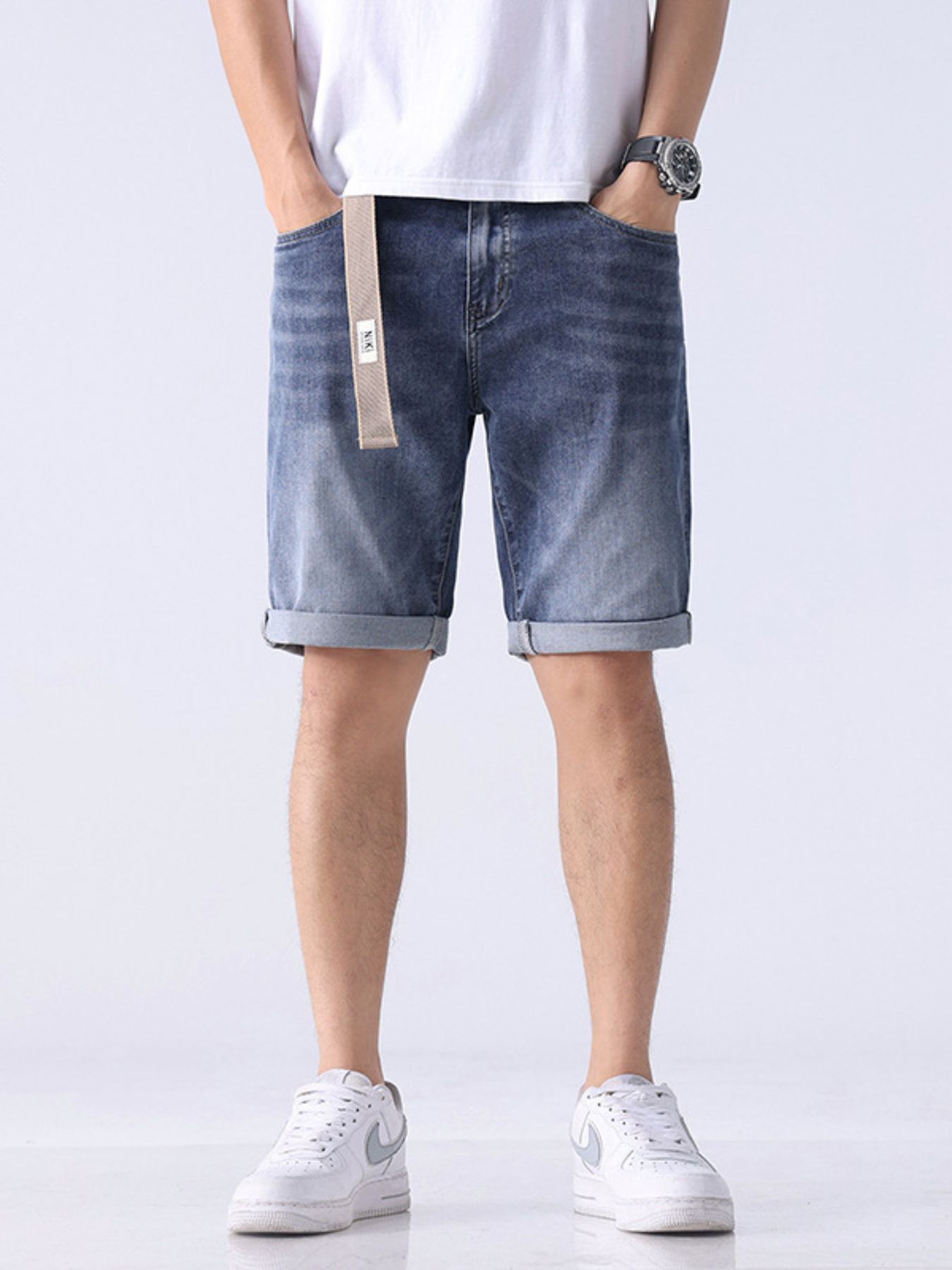 Men's Washed Denim Shorts with Rolled Cuffs