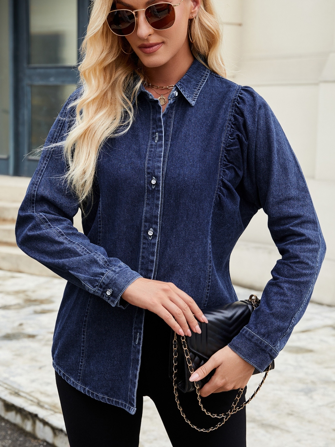 Button Down Collared Neck Denim Shirt