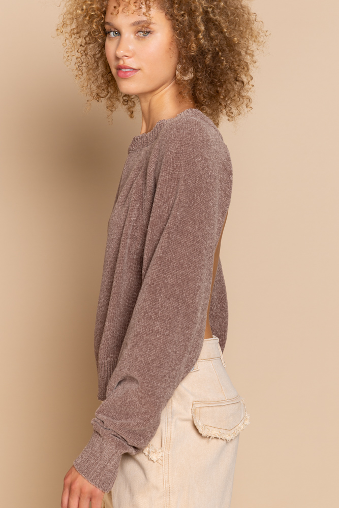 Round Neck Backless Sweater with Ribbed Edge