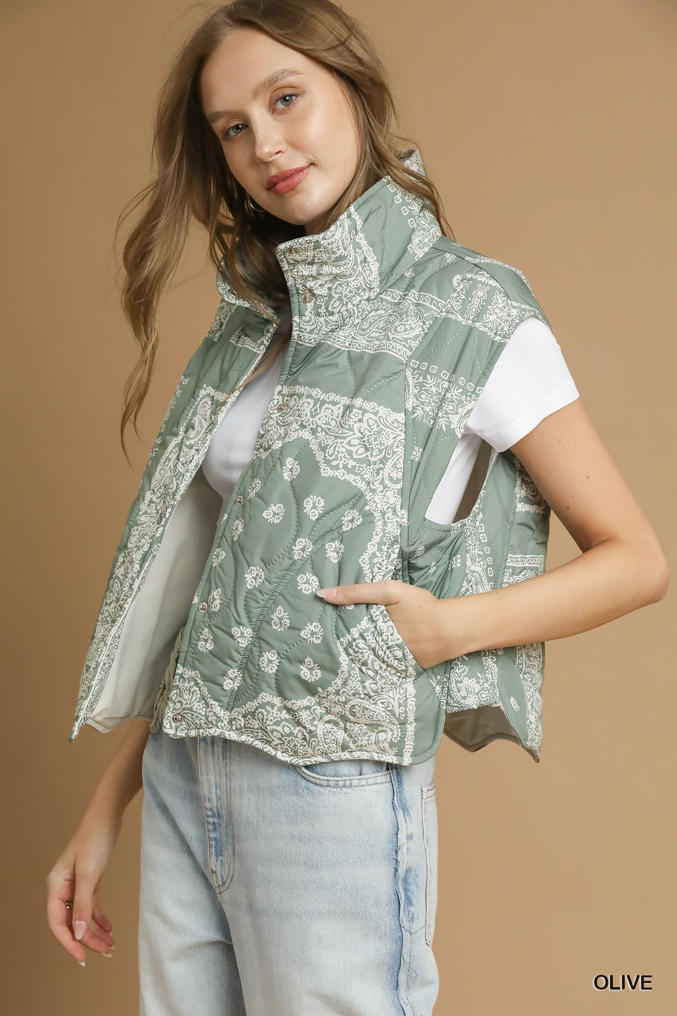 Umgee Bandana Print Quilted Puffer Vest