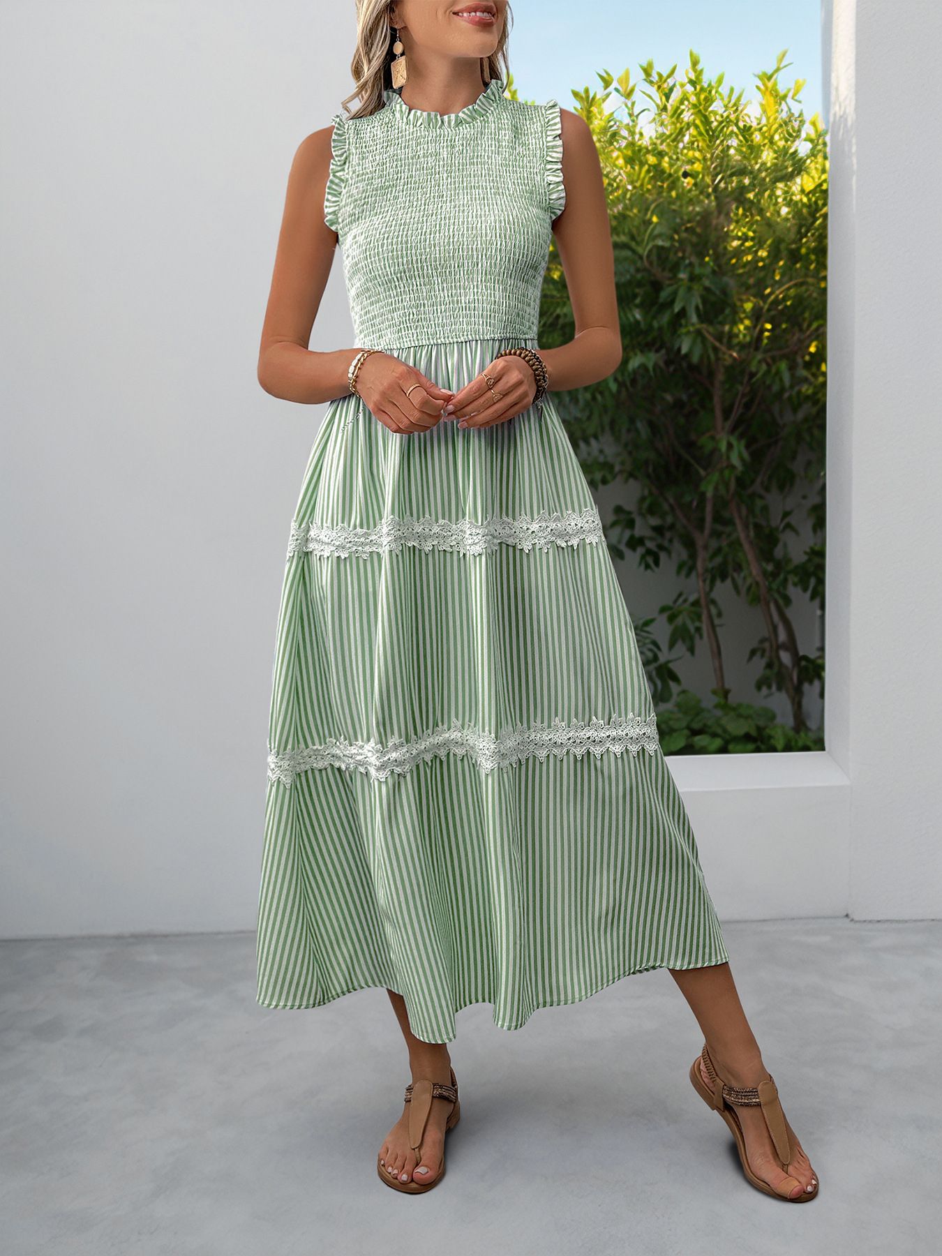Smocked Striped Lace Trim Sleeveless Midi Dress