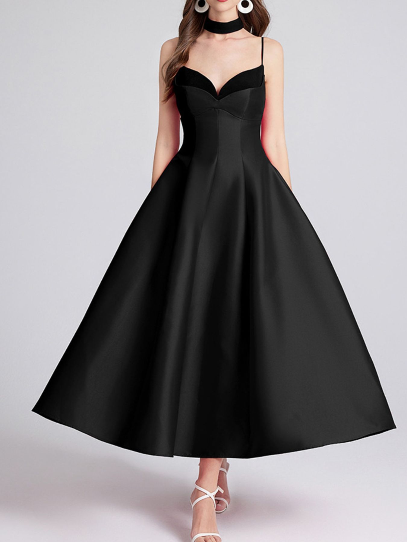 Sweetheart Spaghetti Strap Midi Dress with Collar